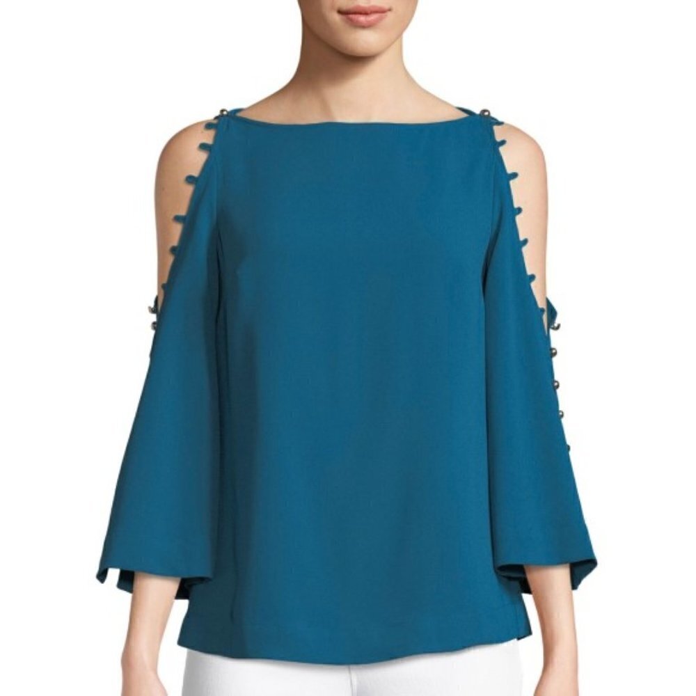 Trina Turk Amor Button Cold-Shoulder Top, Teal